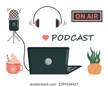 Set of recording studio devices. Laptop, headphones, microphone, cup, flower. Podcast, radio, broadcasting concept. Vector illustration isolated on white background with podcast inscription. Flat