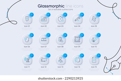 Juego de equipos de recuperación, índice de dólar e iconos de línea de archivo para la aplicación web. Realidad aumentada, Timer, iconos de investigación de huellas digitales. Lista de comprobación, Inflación energética, Señales de caída de agua. Aceite mineral. Vector