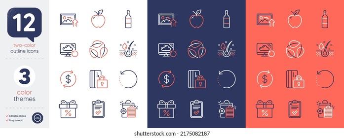 Set of Recovery data, Checklist and Upload photo line icons. Include Usd exchange, Seo shopping, Discount offer icons. Blocked card, Leaves, Recovery cloud web elements. Serum oil. Vector