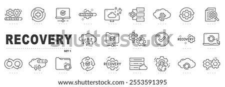 Set of recovery related line icons. Datum, backup, restore, cloud etc. Editable stroke.