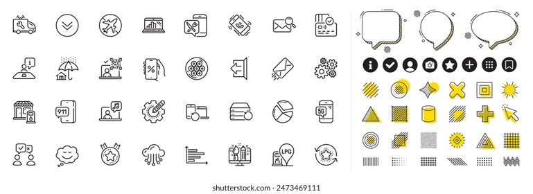 Set of Recovery server, Filling station and Emergency call line icons for web app. Design elements, Social media icons. People voting, Home insurance, 5g phone icons. Vector