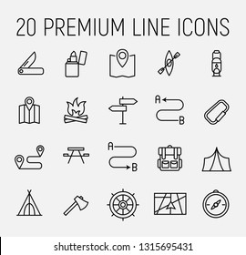 Set of recreation icons in modern thin line style. High quality black outline camping symbols for web site design and mobile apps. Simple recreation pictograms on a white background
