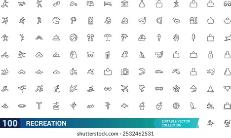 Conjunto de iconos de línea de Ocio. Entretenimiento, hobby, vacaciones, deportes, turismo y más. Icono de línea de Web. Pictograma de contorno. Trazo editable. Pixel perfecto, Ilustración vectorial.