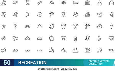 Conjunto de iconos de línea de Ocio. Entretenimiento, hobby, vacaciones, deportes, turismo y más. Icono de línea de Web. Pictograma de contorno. Trazo editable. Pixel perfecto, Ilustración vectorial.