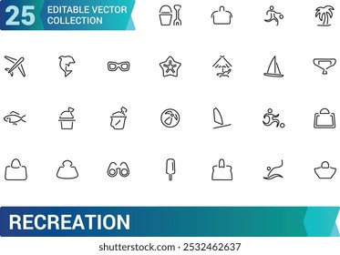 Conjunto de iconos de línea de Ocio. Entretenimiento, hobby, vacaciones, deportes, turismo y más. Icono de línea de Web. Pictograma de contorno. Trazo editable. Pixel perfecto, Ilustración vectorial.