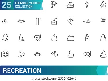 Conjunto de iconos de línea de Ocio. Entretenimiento, hobby, vacaciones, deportes, turismo y más. Icono de línea de Web. Pictograma de contorno. Trazo editable. Pixel perfecto, Ilustración vectorial.