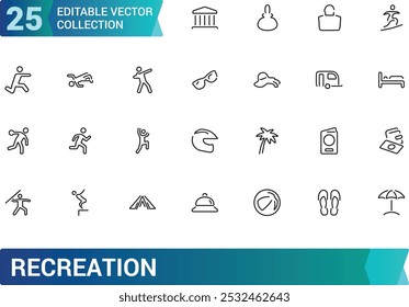 Conjunto de iconos de línea de Ocio. Entretenimiento, hobby, vacaciones, deportes, turismo y más. Icono de línea de Web. Pictograma de contorno. Trazo editable. Pixel perfecto, Ilustración vectorial.