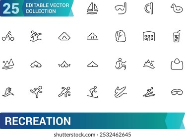 Conjunto de iconos de línea de Ocio. Entretenimiento, hobby, vacaciones, deportes, turismo y más. Icono de línea de Web. Pictograma de contorno. Trazo editable. Pixel perfecto, Ilustración vectorial.