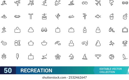 Conjunto de iconos de línea de Ocio. Entretenimiento, hobby, vacaciones, deportes, turismo y más. Icono de línea de Web. Pictograma de contorno. Trazo editable. Pixel perfecto, Ilustración vectorial.