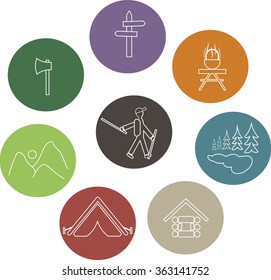 Set recreation, sports round icons. Beige contours of tourist, pot, axe, lake, trees, mountain shelter, tent, signs, vector