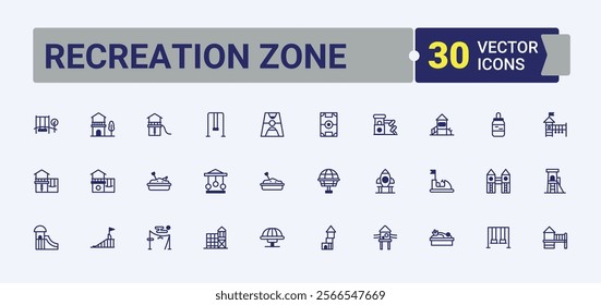 Set of Recreation Zone line icons. Featuring playground, childhood, school, kindergarten, play and more. Simple line vector. Editable vector icon and illustration.