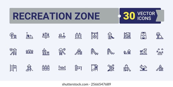 Set of Recreation Zone line icons. Featuring playground, childhood, school, kindergarten, play and more. Simple line vector. Editable vector icon and illustration.