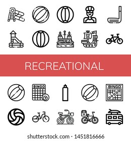 Set of recreational icons such as Water slide, Slide, Beach ball, Pirate ship, Cyclist, Golf stick, Bicycle, Volleyball, Bingo, Oxygen tank, Camper