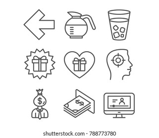 Set of Recruitment, Coffeepot and Romantic gift icons. Left arrow, Surprise gift and Atm money signs. Ice tea, Manager and Online video symbols. Headhunter aim, Brewed coffee, Surprise with love