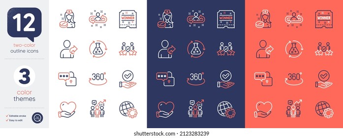 Set von Einstellungen, Globe und Genehmigte Checkbox-Symbole. Nurse, Sieger-Ticket, Business-Statistik-Symbole einschließen. Empfehlen Sie Freunden, Volunteer, Chemistry Experiment Web-Elemente. Vektorgrafik