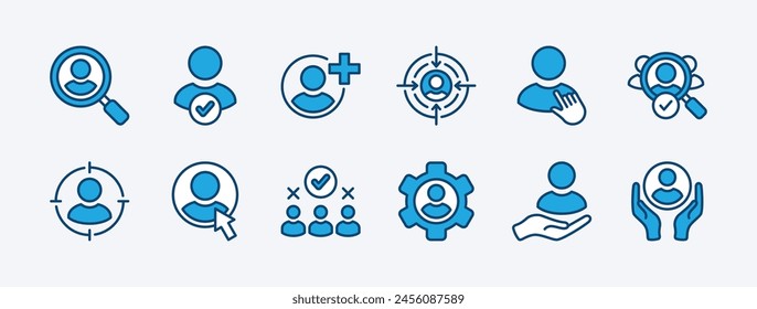 Conjunto de iconos de reclutamiento. Conteniendo recluta, recursos humanos, búsqueda de personal, contratación, candidato, empleado, trabajo, ocupación, búsqueda, adición. Ilustración vectorial