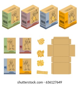 Set Of Rectangle Box Design, Container Die-stamping, Folding Packaging, Ready Pack. Dry Pasta Types Assortment Of Spaghetti Shells  Butterflies Icons Collection Package Isolated On White Background.