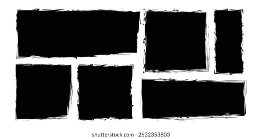 Set of Rectangle Brush stroke, paint brush, grunge box. Black square shapes with brush borders on white background. Vintage grunge boxes for collage, text, sticker, poster design.