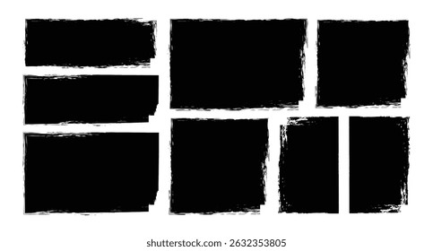 Set of Rectangle Brush stroke, paint brush, grunge box. Black square shapes with brush borders on white background. Vintage grunge boxes for collage, text, sticker, poster design.