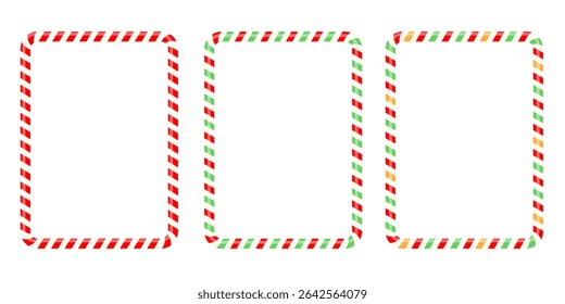 Set rectangle candy frames, Candy cane  set decorations, frame, red white straight lines, realistic, collection  Holiday elements. Xmas Striped candy ca