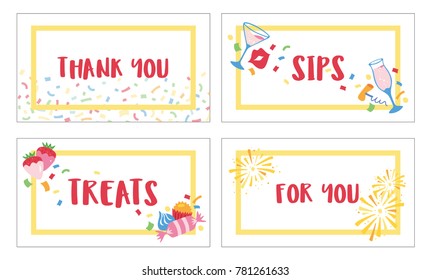 Set of rectangle cards with confetti, sweets and drinks. Vector illustration. Great for party signs, tags, labels and favours.