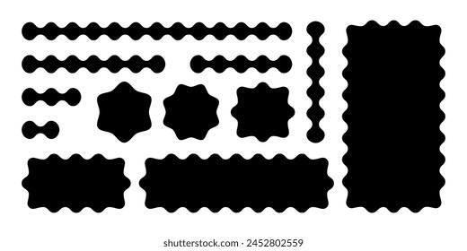 Set of rectangle, circle and square shapes with wavy edges. Morphic design elements with wiggly borders isolated on white background. Vector graphic illustration.