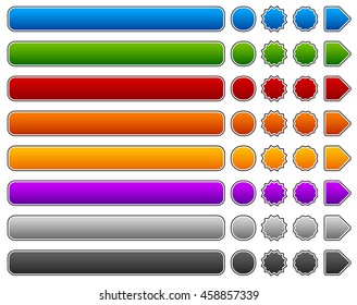 Set of rectangle, circle, starburst buttons, banners and arrows. 8 colors included.