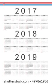 Set of rectangle Croatian 2017, 2018, 2019 year vector calendars. Week starts from Sunday.