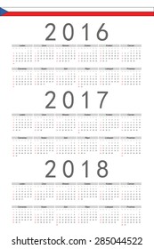 Set of rectangle Czech 2016, 2017, 2018 year vector calendars. Week starts from Sunday.