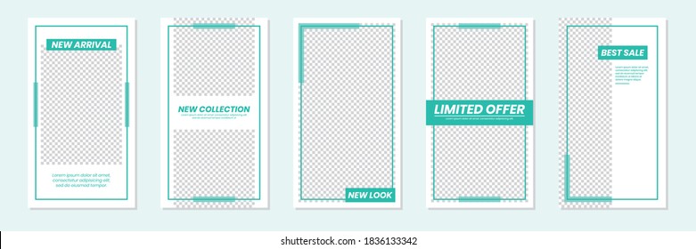 Set of rectangle editable minimal layout social media stories template green turquoise color for personal or business. Use this layout for web, banner, poster For shop, discount, product sale, promo