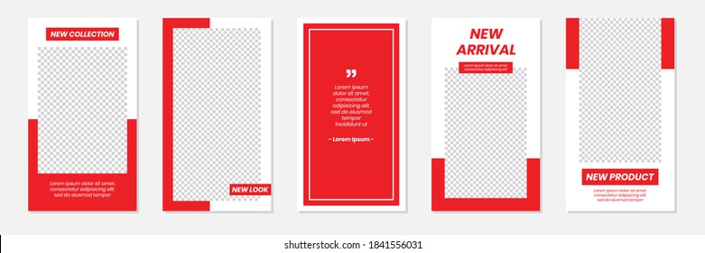 Set of rectangle editable minimal layout social media stories template red color for personal or business. Use this layout for web, banner, poster, shop, discount, sale, promotional product.