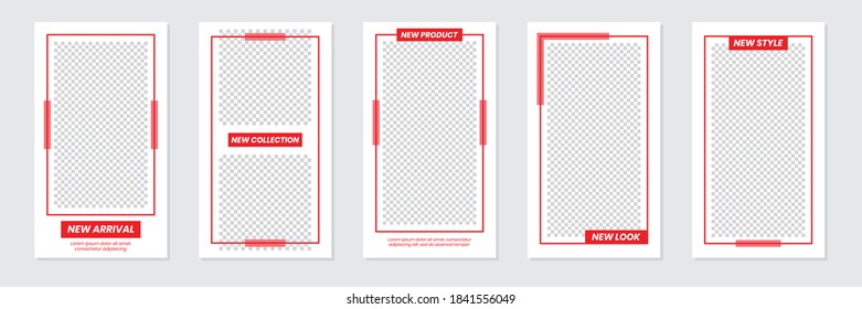 Set of rectangle editable minimal layout social media stories template red color for personal or business. Use this layout for web, banner, poster, shop, discount, sale, promotional product.