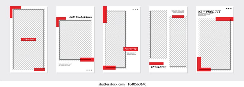 Set of rectangle editable minimal layout social media stories template red color for personal or business. Use this layout for web, banner, poster, shop, discount, sale, promotional product.