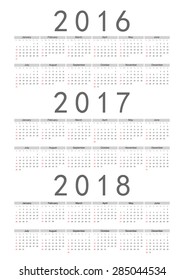 Set of rectangle European 2016, 2017, 2018 year vector calendars. Week starts from Sunday.