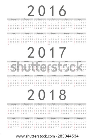 Set of rectangle European 2016, 2017, 2018 year vector calendars. Week starts from Sunday.