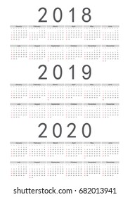 Set of rectangle European 2018, 2019, 2020 year vector calendars. Week starts from Sunday.