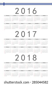 Set of rectangle Finnish 2016, 2017, 2018 year vector calendars. Week starts from Sunday.