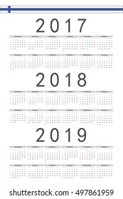 Set of rectangle Finnish 2017, 2018, 2019 year vector calendars. Week starts from Sunday.