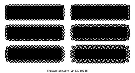 Set of rectangle forms with wiggly edges. Rectangular shapes with wavy borders. Empty text boxes, tags or labels isolated on white background. Vector graphic illustration.