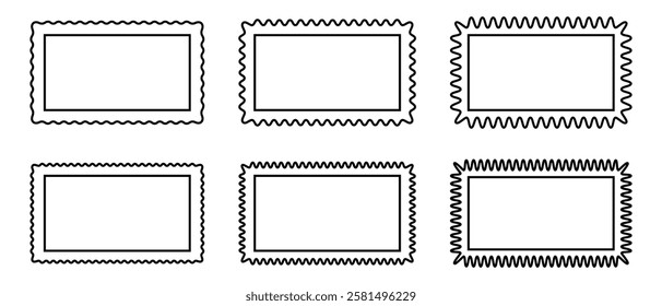 Set of rectangle frames with curvy edges. Vignettes for photo, picture or mirror with wiggly borders. Empty boxes, tags or labels. Vector graphic illustration.