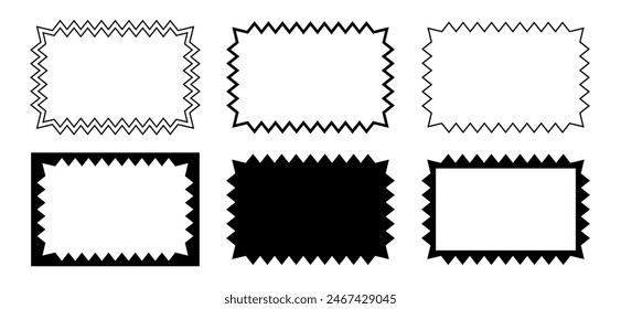 Set of rectangle frames and shapes with zigzag edges. Blank text boxes or banners, tags or labels rectangular shapes with jagged borders isolated on white background. Vector graphic illustration.