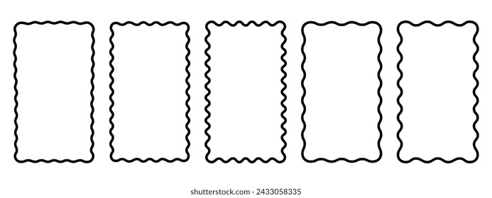 Set of rectangle frames with wavy edges. Rectangular shapes with wiggly borders. Picture or photo frames, empty text boxes, tags, labels isolated on white background. Vector graphic illustration.