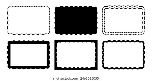 Satz von rechteckigen Rahmen mit wellenförmigen Kanten. Rechteckige Formen mit schnörkeligen Rändern. Spiegel-, Bild- oder Fotorahmen, leere Textfelder, Banner, Tags oder Labels. Grafik-Illustration der Vektorgrafik.