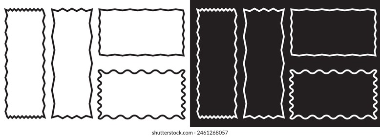 Set of rectangle frames with wavy edges. Rectangular shapes with wiggly borders. Picture or photo frames, empty text boxes, tags, labels isolated on white and black background. Vector illustration.EPS