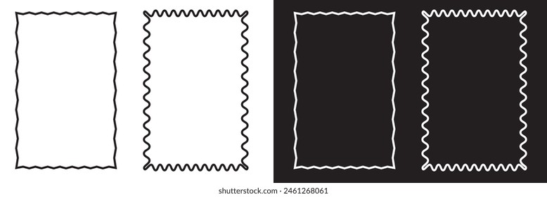 Set of rectangle frames with wavy edges. Rectangular shapes with wiggly borders. Picture or photo frames, empty text boxes, tags, labels isolated on white and black background. Vector illustration.EPS