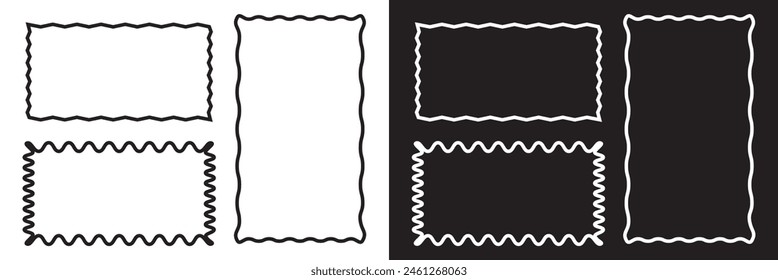 Set of rectangle frames with wavy edges. Rectangular shapes with wiggly borders. Picture or photo frames, empty text boxes, tags, labels isolated on white and black background. Vector illustration.EPS