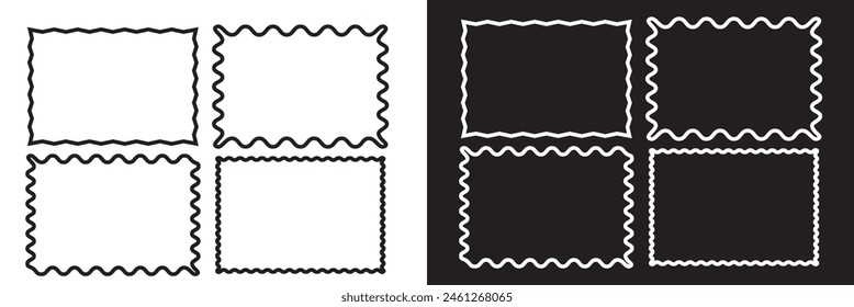 Set of rectangle frames with wavy edges. Rectangular shapes with wiggly borders. Picture or photo frames, empty text boxes, tags, labels isolated on white and black background. Vector illustration.EPS