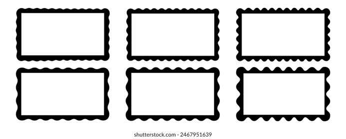 Set of rectangle frames with wavy edges. Rectangular frameworks with scallop borders. Mirror, picture or photo borders, empty text boxes or banners, tags or labels. Vector graphic illustration.