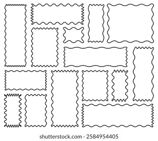 Set of rectangle frames with wavy edges. Zigzag wavy edges, rectangles, photo frames, text boxes, tags, labels. Vector illustration.