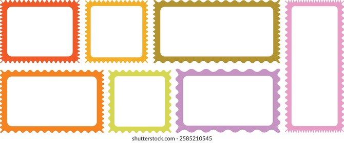 Set of rectangle frames with wavy edges. Outline Rectangle frames with wavy edges set. Zigzag wavy edges, rectangles, photo frames, text boxes, tags, labels. Rectangular curved line shapes